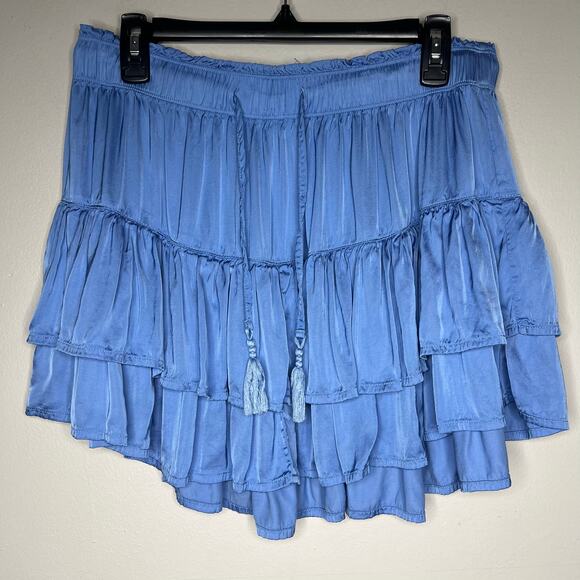 Aerie Sweet N Silky Satin Ruffle Tiered Mini Skirt Blue Sz L Flowy Y2K Western - Picture 3 of 9
